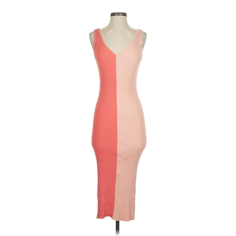 STAUD Dana Ribbed Knit Colorblock Midi Dress Peach Coral Orange Sml V-Neck Small - Picture 2 of 14